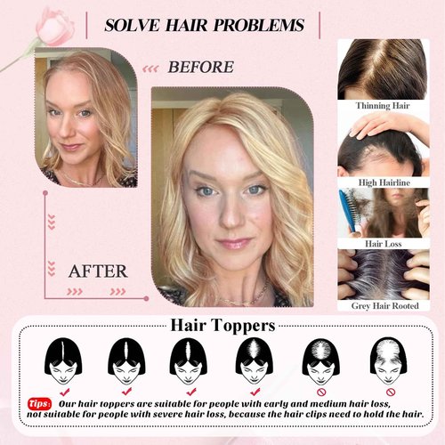 POWERASIA Hair Toppers for Women Real Human Hair Extensions with Thinning Hair No Bangs Wiglets Upgrade 3.9x4.7Inch Silk Base Clip ins Hair Pieces 150% Density Remy Hair Wig Topper #12P613