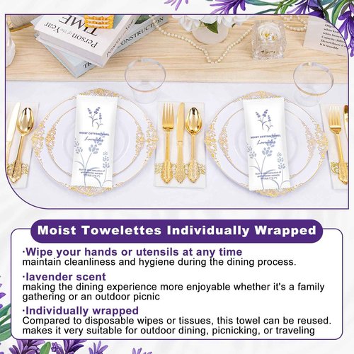 Moist Cotton Towel Bulk Moist Towelettes Individually Wrapped,White Towel Services,Refreshment Pre Moistened Towels for Dentist Travel Sport Party Hotel 200,Lavender