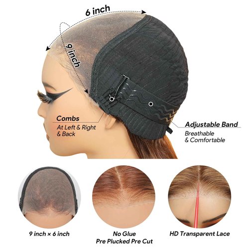 eool Highlight Glueless Wigs Human Hair Pre Plucked Pre Cut Wear and Go 9X6 HD Lace 4/27 Honey Blonde Body Wave Balayage Wigs for Black Women, 220% Density Glueless Human Hair Wigs 16Inch