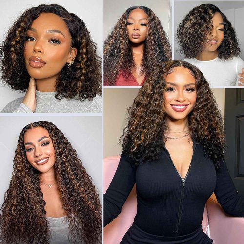 Anmetan Highlight F1B30 Honey Blonde Brown Curly Bundles Water Wave Human Hair, Thick 12A Black with Brown Highlight Unprocessed Human Hair Wet and Wavy 3 Bundles Wavy 10/12/14 In