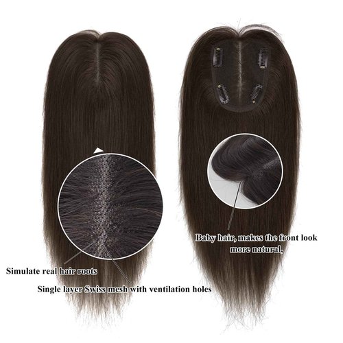 Uaismewow Hair Toppers for Women Real Human Hair 14inch Toppers for Thinning Hair 100% Remy HumanHiar Breathable Silk Base 4 Clips in HairPieces with Babyhair for Women Daily Wear #2 cover 4*4.8inch