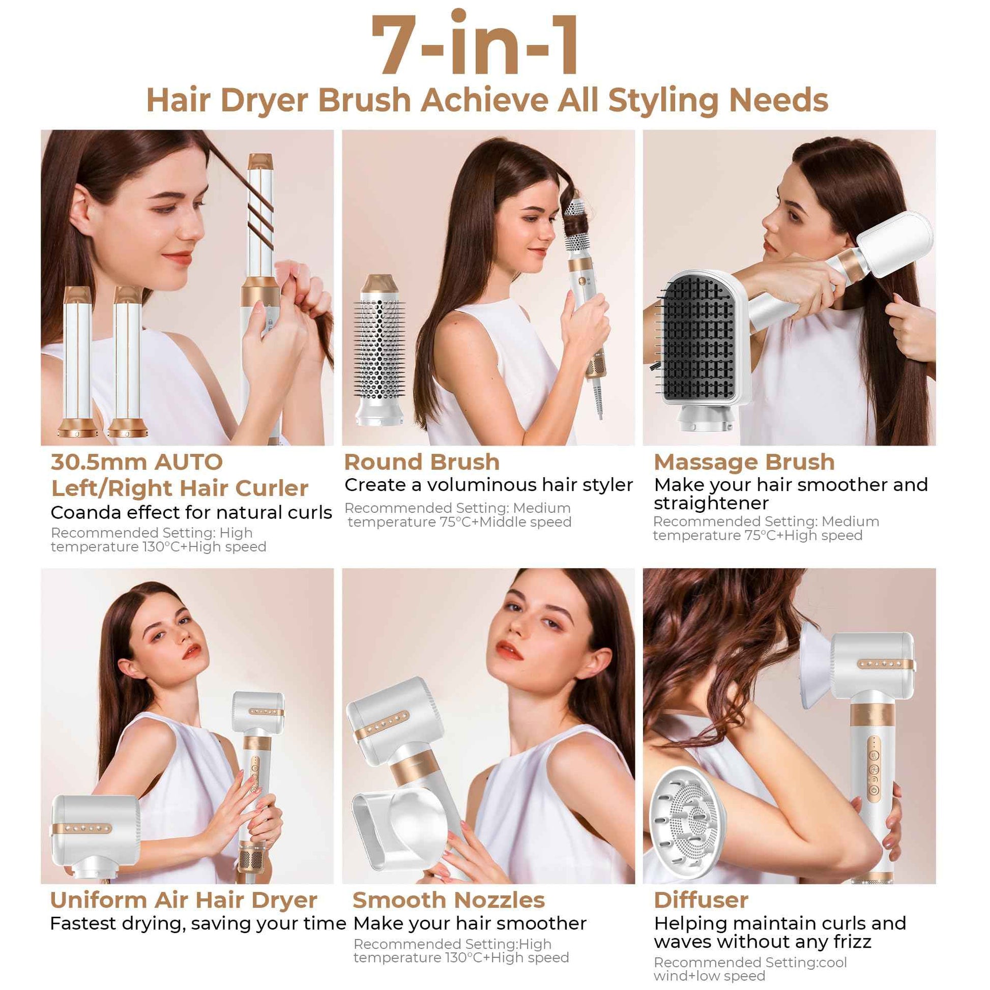 Hair Dryer Brush 7 in ONE, Detachable Fast Drying, Volumizing, Curling, Straightening, Ionic Hair Dryer with Diffuser, Powerful Blow Dryer Brush with Auto- Wrap Curler, Hair Styling Tools Storage Case