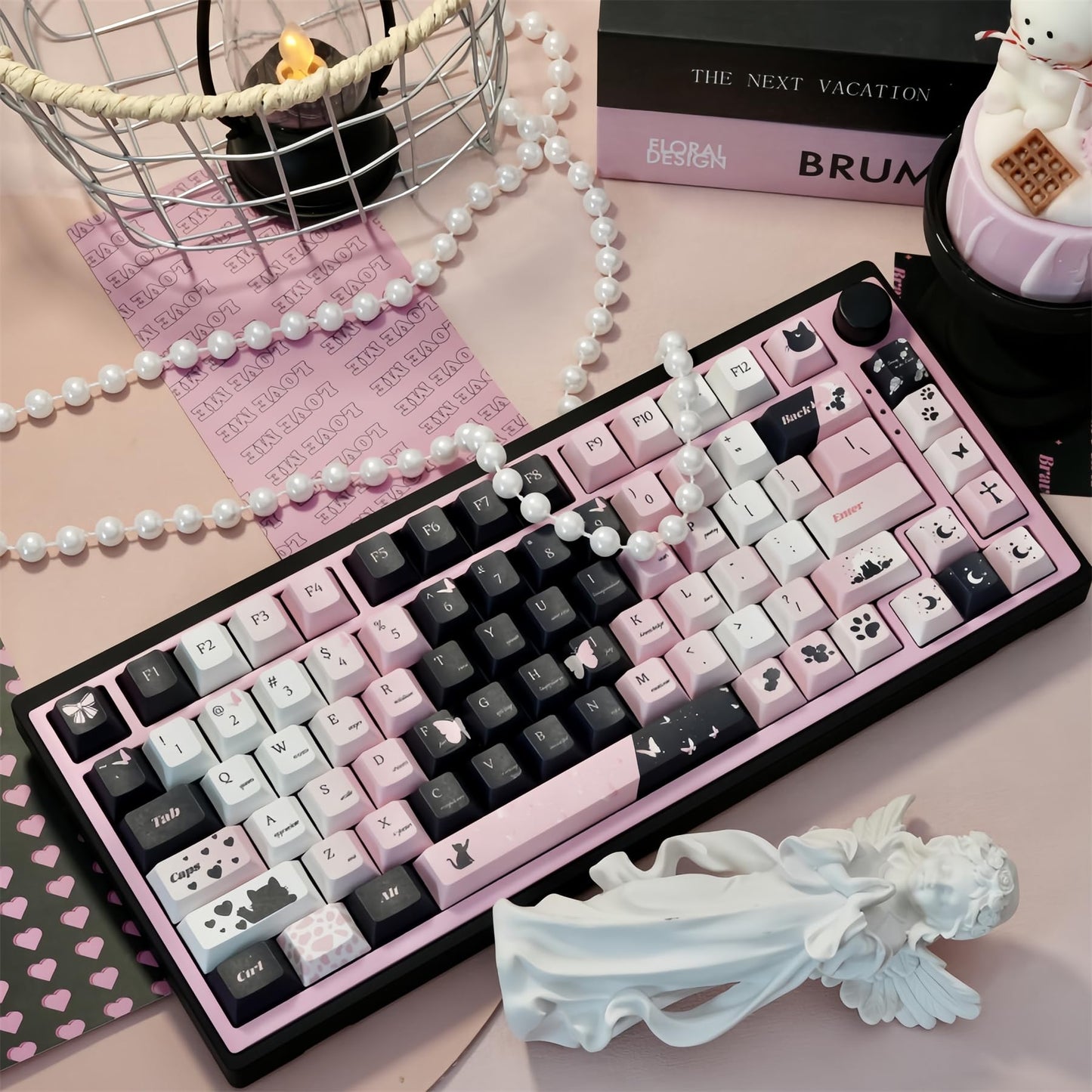 ZMX GMK104 Full Size Mechanical Keyboard Kit with Black & Pink Cute Cat Keycaps Set