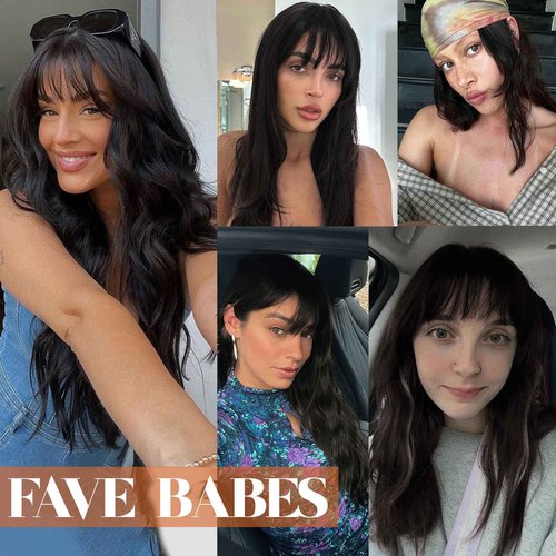 FAVE 16 Inch Human Hair Wig with Bangs 1×3 HD Lace Top Glueless Bang Wig Human Hair for Women, Natural Waves Looking,Beginner Friendly(Natural Color)