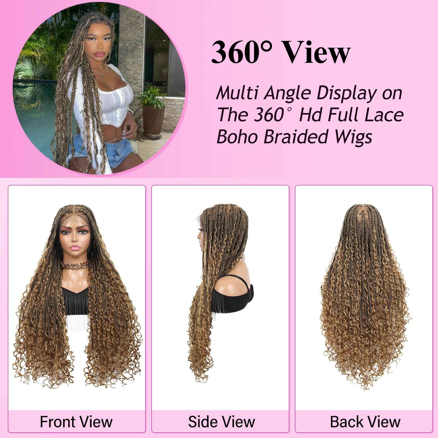 KERNORV 360° HD Full Lace Knotless Boho Braided Wigs for Women Full Lace Box Braid Wig with Baby Hair Premium Synthetic Lace Front Braided Wigs with Curly Ends 36" Light Brown