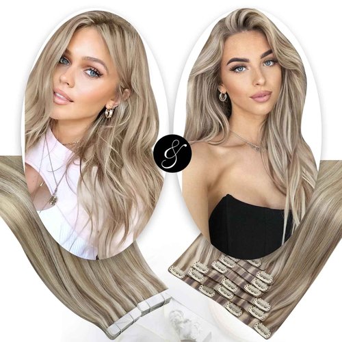 Moresoo Seamless Clip in Hair Extensions Human Hair Blonde Highlight with Light Brown Tape in Hair Extensions Human Hair Blonde (7pcs/120g +20pcs/50g) 16inch Bundle
