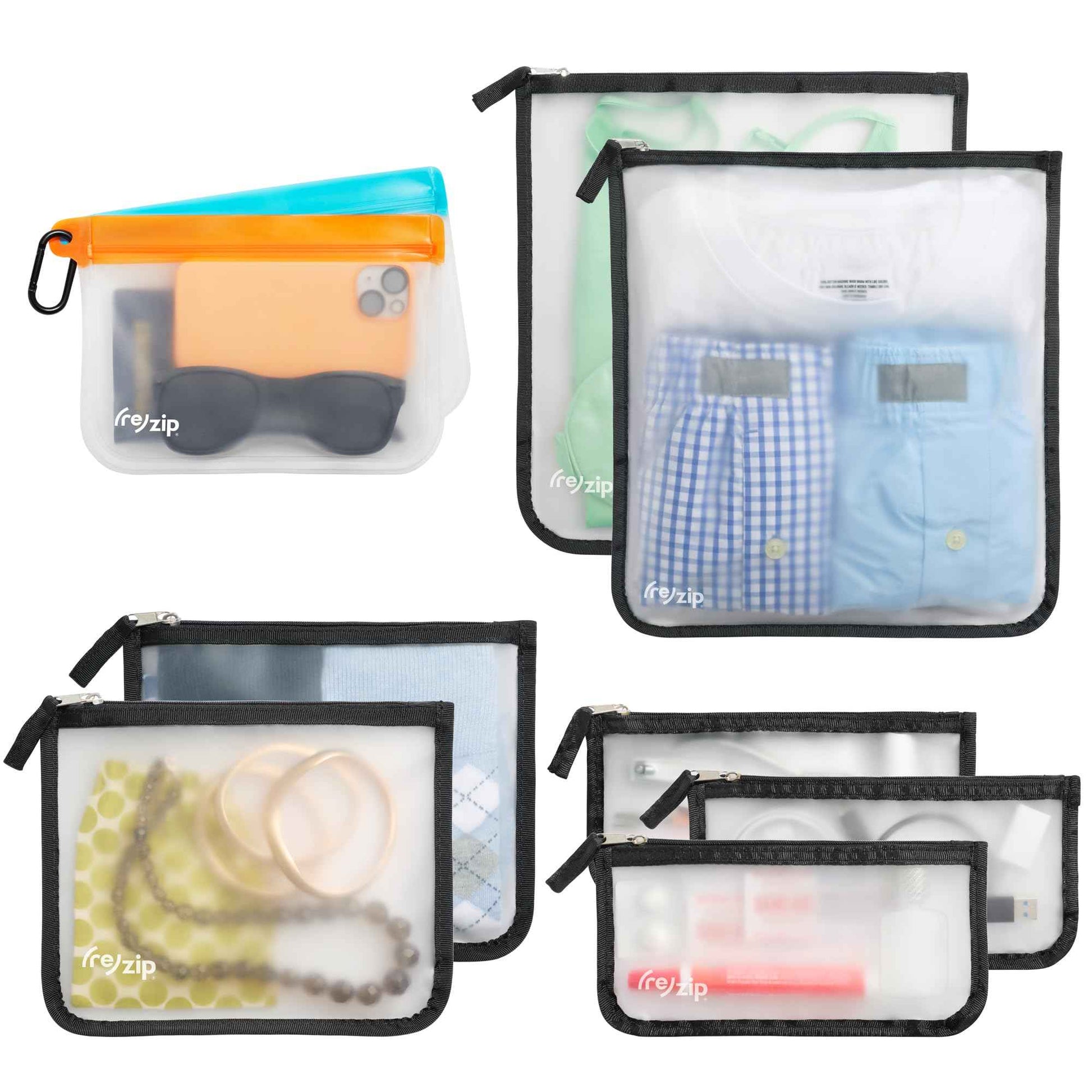 (re)zip Zippered Travel Organization Kit | 9-Piece Set Including Zippered Gallon, Medium, & Small Bags, and Carbiner Clip-On Bags | Compact & Lightweight for Snacks, Documents, Toiletries, & More