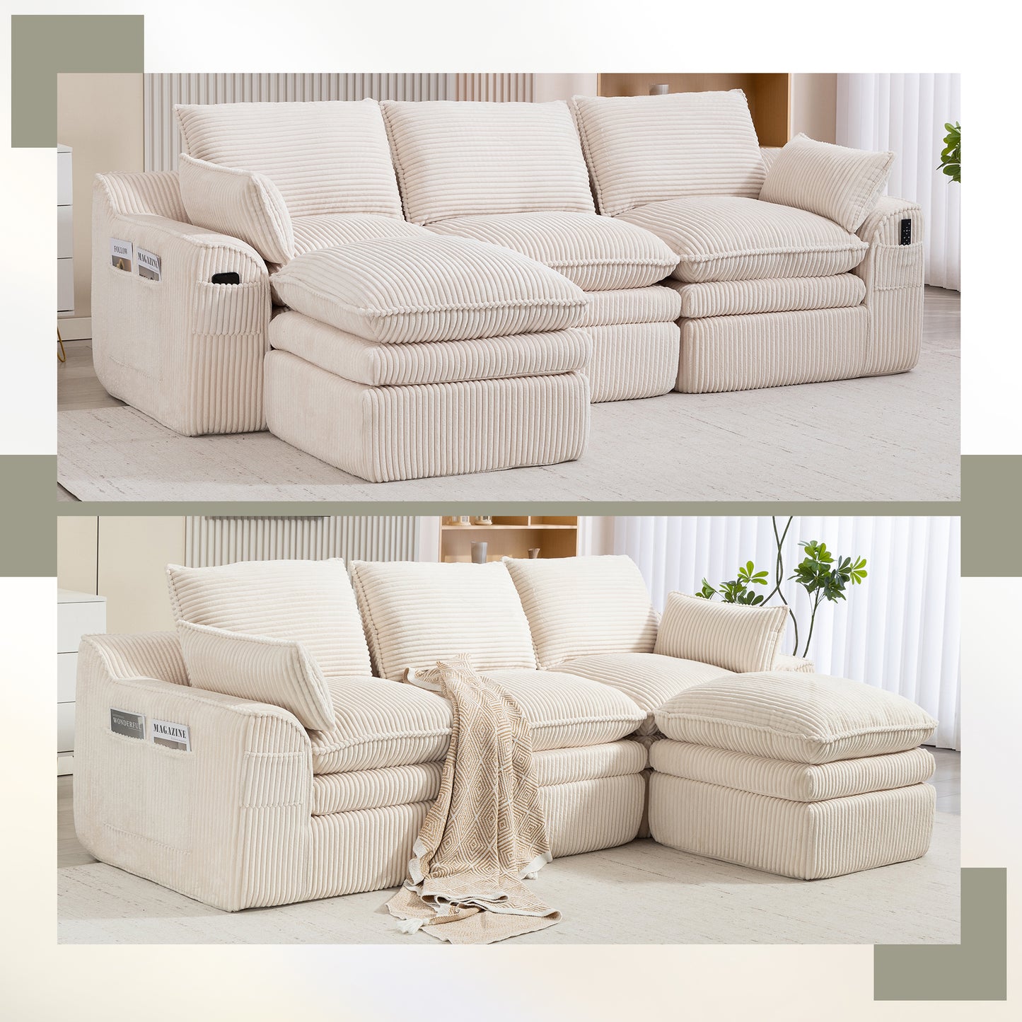 Beige L Shaped Modular Sectional Sofa with Footstool & Pillows