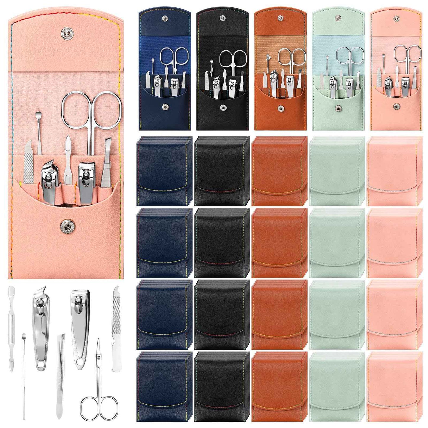 Lasnten 100 Bulk Nail Clipper Set Bulk Manicure Kit Stainless Steel Pedicure Professional Nail Care Kit with Travel Case Portable Grooming for Husband Men Women Family(Multicolor,7 in 1)