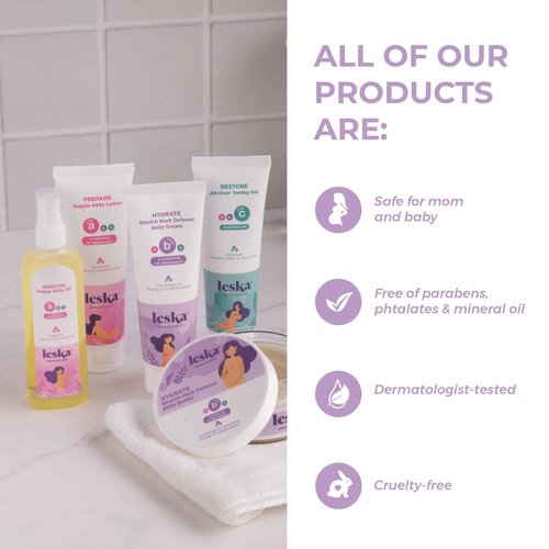 Leska Maternity Set | Belly Lotion, Belly Oil, Stretch Mark Defense Cream & Butter, Toning Gel | Maternity Stages Skincare for Pregnancy & Postpartum |New Mom Gifts (Set of 5, 4-4.93oz each)