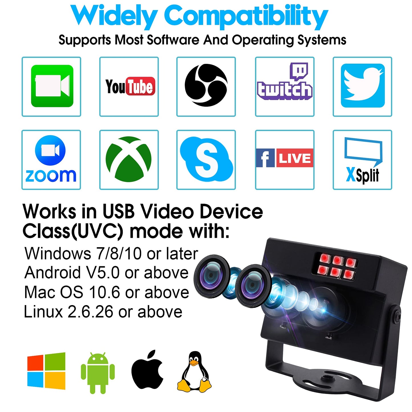 1080P USB Camera Dual Lens Day Night Vision Webcam with IR LED for Computer and Raspberry Pi WDR PC Camera Mini UVC USB2.0 Web Camera Auto IR Infrared USB Security Camera HD AR0230 USB with Camera