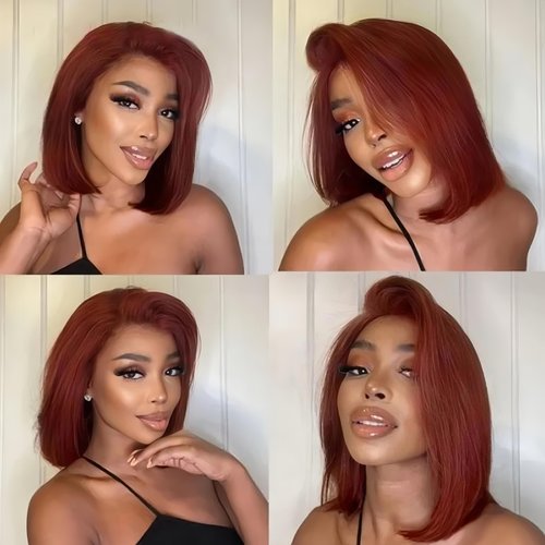 RQY Reddish Brown Bob Wig Human Hair 13x4 Color Straight Lace Front Wigs Human Hair Bob 180% Density Short Brown Lace Front Wigs Human Hair Per Plucked with Baby Hair（33# Brown Bob Wig 14inch）