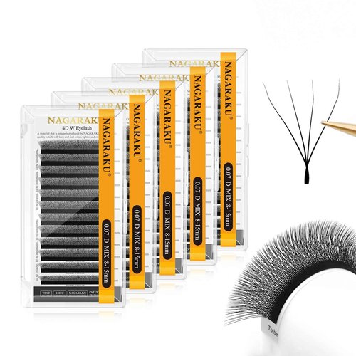 NAGARAKU 4D W Shape Eyelash Extension 5 Trays in 1 Pack Volume Premade Fans Pestañas Faux Mink Matte Black Cluster Easy Fanning False Lashes for Professional Beauty Salon (0.07 D Curl 8-15mm Mix)