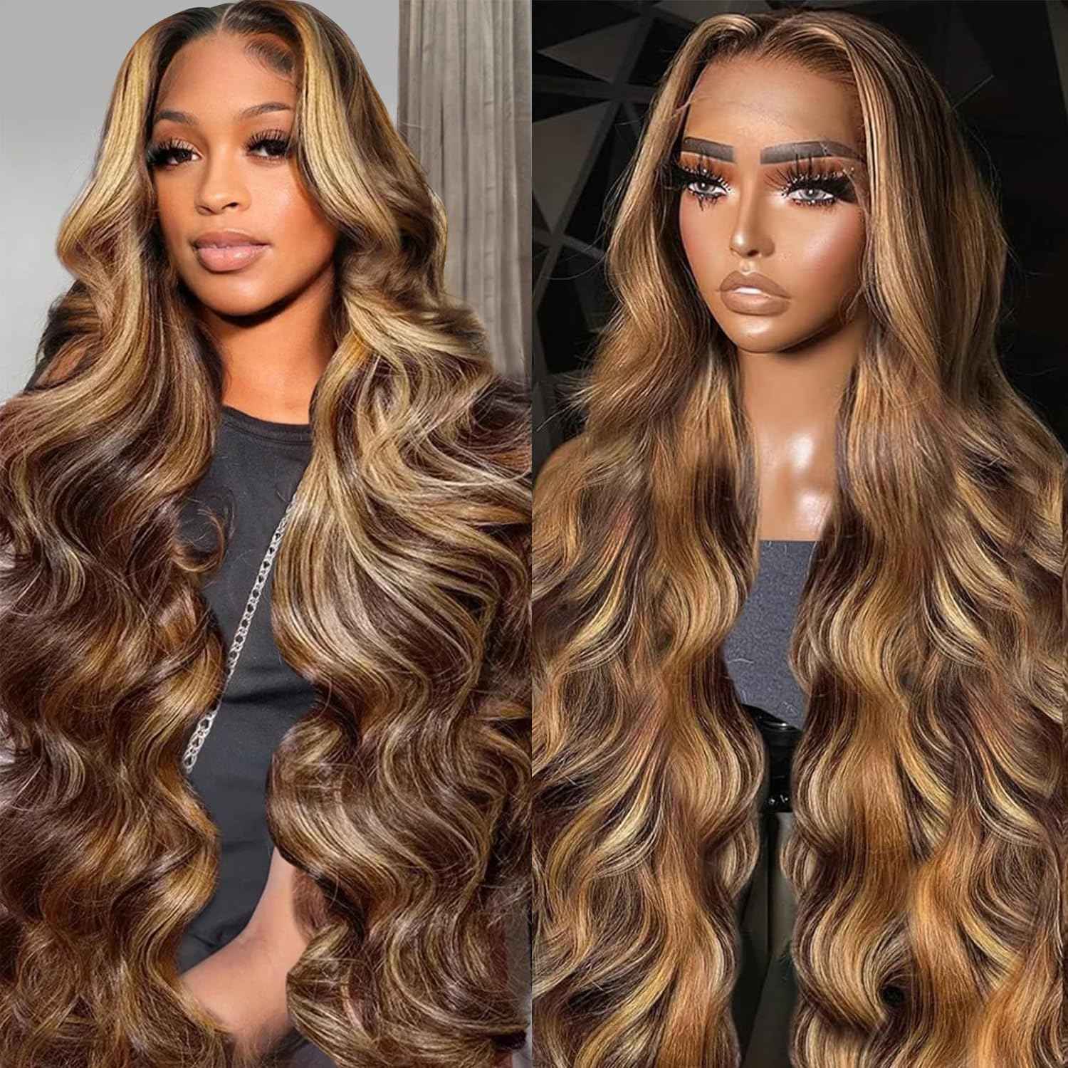 Highlight Ombre Lace Front Wigs Human Hair 28 Inch 13X4 Body Wave Honey Blonde HD Lace Front Wigs Human Hair Pre Plucked with Baby Hair 180% Density 4/27 Balayage Glueless Wigs for Black Women