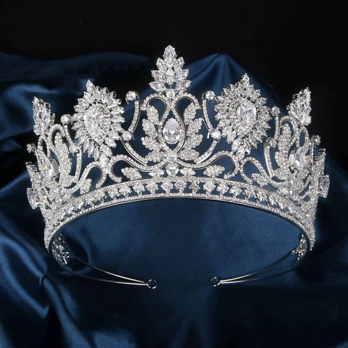 QXMYOO Luxury Large Tiaras and Crowns for Wedding Cubic Zirconia Pageant Crown Tall Bride Tiara Silver Gold Sun Flower CZ Birthday Prom Party Headpiece Bridal Hair Accessories (Silver)