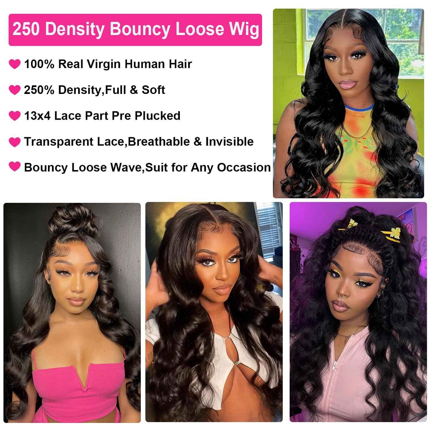 250 Density HD Lace Front Wigs Human Hair Loose Wave 13x4 Lace Front Wigs Human Hair Glueless Transparent Bouncy Body Wave Lace Frontal Wigs For Black Women Pre Plucked with Baby Hair 24 Inch