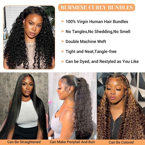 Curly Human Hair Bundles 16 18 20 Inches 3Pcs Water Wave Burmese Curly Bundles Human Hair Weave with Spiral End 3C4A Quick Weave Hair for Women Natural Black