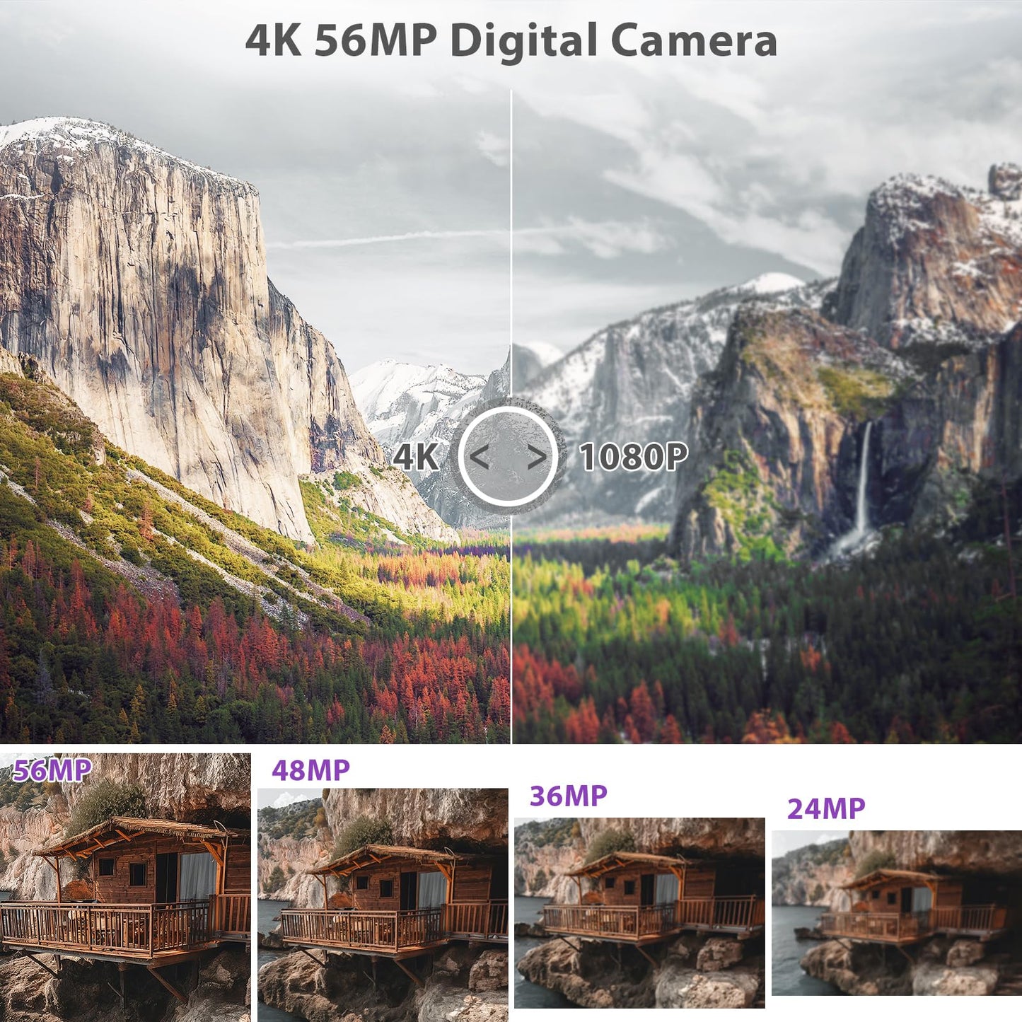 4K Digital Camera for Photography & Vlogging, 56MP YouTube Camera with WiFi, 3" 180° Flip Screen, 16X Digital Zoom, 52mm Wide Angle & Macro Lens, 32GB TF Card, 2 Batteries – Purple