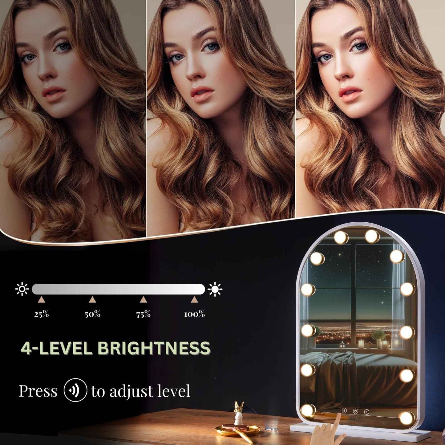 LUXFURNI Vanity Mirror with Lights, 24.5" x 15.8" Arched LED Makeup Mirror, Lighted Hollywood Mirror with Lights, Smart Touch Control Dimmable 3 Modes Light, White