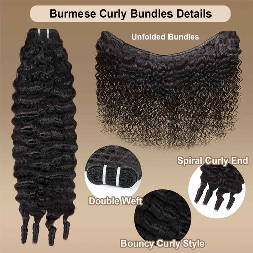 Burmese Curly Bundles Human Hair 16 18 20 Inch 100% Unprocessed Quick Weave 3c4a Deep Wave Bundles with Spiral Curly End Real Human Hair Extensions 12A Burmese Curly Human Hair Bundles Natural Black