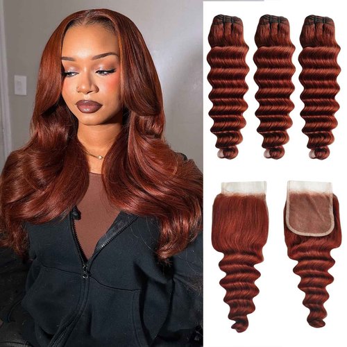 Loose Deep Wave Bundles with Closure Human Hair 12a Reddish Brown 3 Bundles Human Hair with Lace Closure Color 33Copper Reddish Brown Bundles with Closure (Loose Deep Wave 12 14 16 +12free)