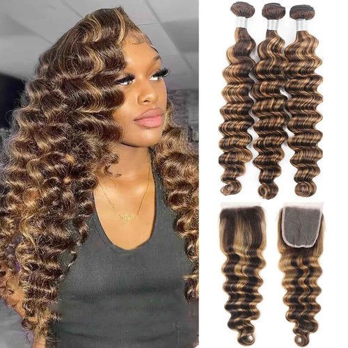 Loose Deep Wave Bundles With Closure Human Hair 16 18 20+16inch Ombré Highlight Loose Deep Wave Bundles Human Hair with 4x4 Lace Closure Brown Highlight Colored