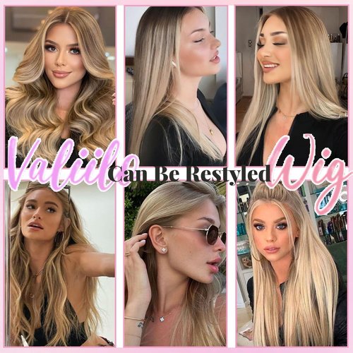 Valiilo Balayage Ash Blonde Wig Human Hair Glueless 13x4 Lace Front Wigs Pre Plucked 18 Inch Straight Ash Brown to Ash Blonde with #60 Blonde Highlight Wig 180% Density
