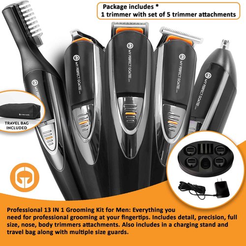 My Perfect Goatee®️ 13-in-1 Mens Grooming Kit - LED Display Beard Trimming Kit with Travel Bag, Charging Stand, & More - Waterproof, Cordless Electric Trimmer for Nose, Body, & More – Ideal Gift Set