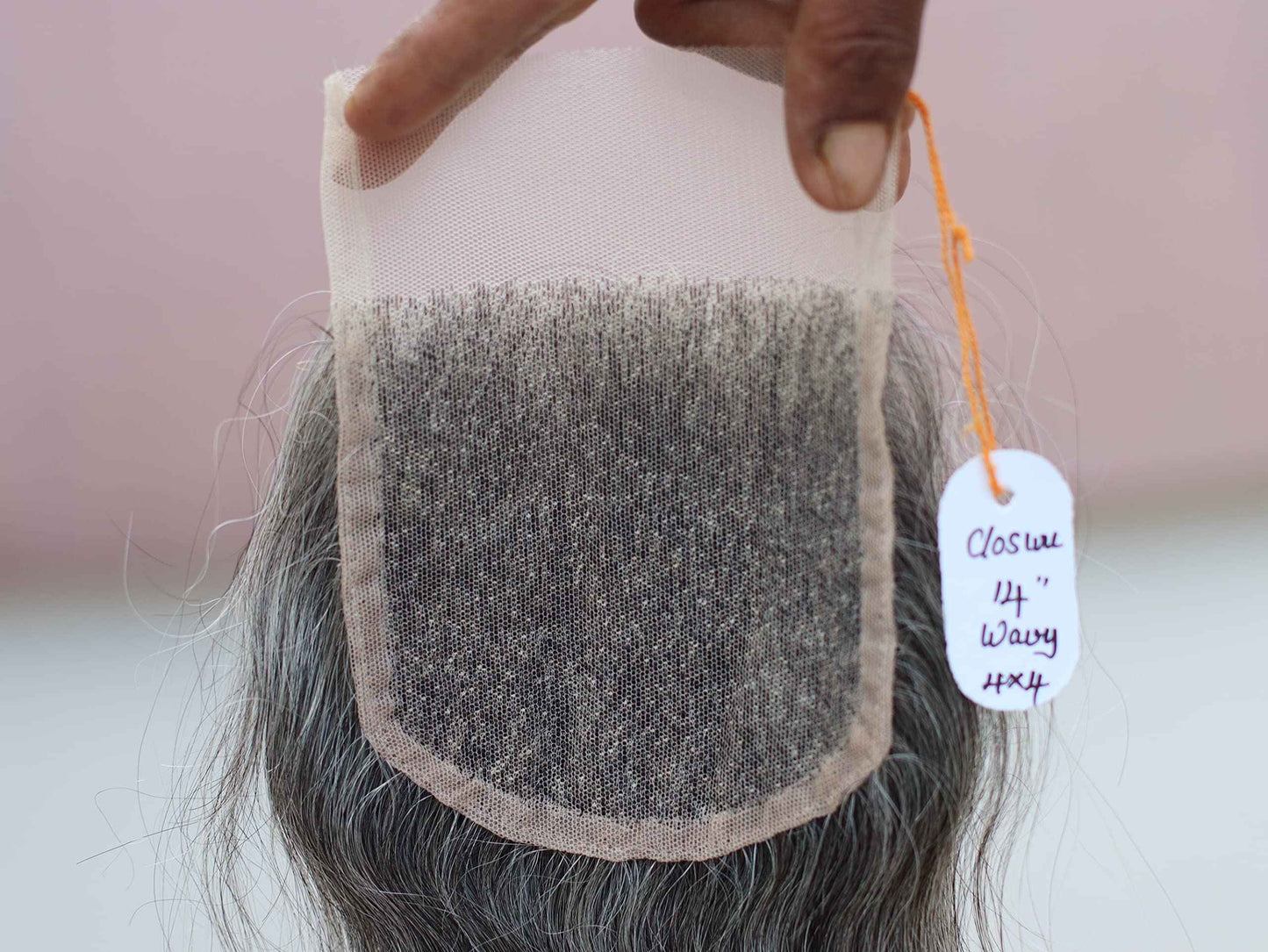 4x4 Closure 14" Salt & Pepper/Natural Gray Transparent Lace Hand Made with 100% Natural Indian Virgin Temple Raw Hair