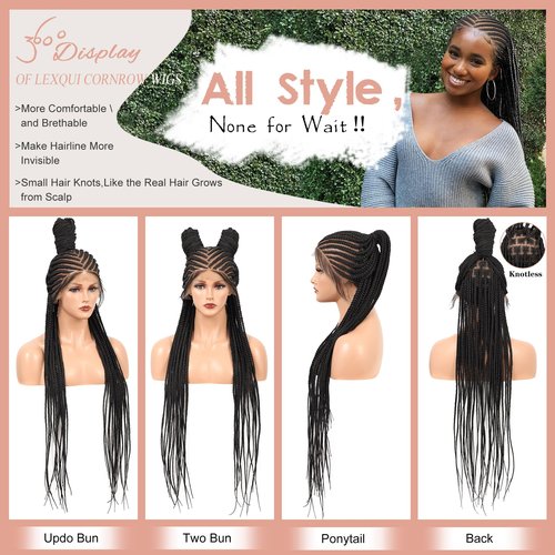 Lexqui 36 Inch Cornrow Braided Wigs 13X8 HD Lace Front Braid Wig for Women Braided Lace Front Wigs Middle Parted Box Braid Wig Synthetic Hair Full Lace Burgundy Red