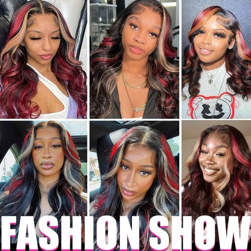 MARRY MOON 13x6 Burgundy Lace Front Wigs Glueless Pre Plucked Red Blonde Highlight Omber Lace Front Wigs 180% Density Wear and Go Wigs 22Inch