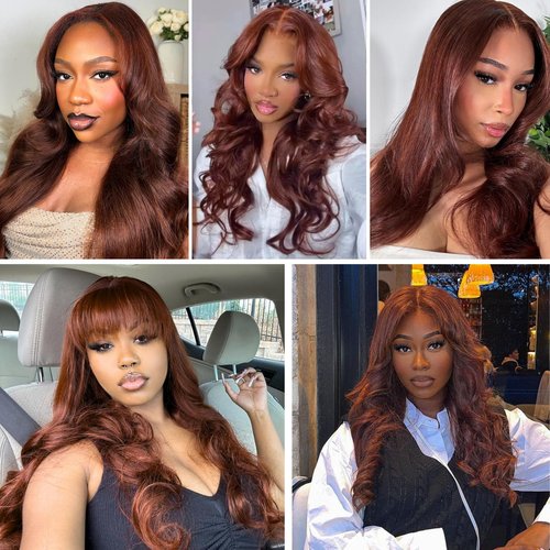 ALHER #33 Reddish Brown Body Wave 13x4 Lace Frontal Human Hair 20 Inch, Copper Brown Auburn Colored HD Transparent Lace Frontal Closure Ear to Ear 100% Virgin Remy Human Hair 150% Density