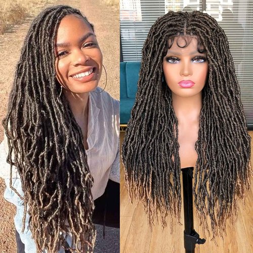 Annivia 32Inch Full Double Lace Box Braided Wigs for Black Women Faux Locs Square Knotless Wigs with Baby Hair Long Dreadlock Wig Natural Black Hand-braided Synthetic Twist Lace locs Wig Ombre Blonde