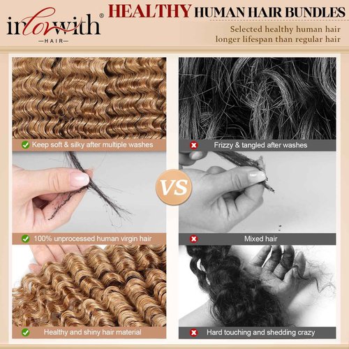 inlovwith Honey Blonde Deep Wave Human Hair Bundles, Selected Healthy Deep Curly Bundles Human Hair 27# Colored Brazilian Virgin Hair Wet and Wavy (Single Bundle, 20 Inches)