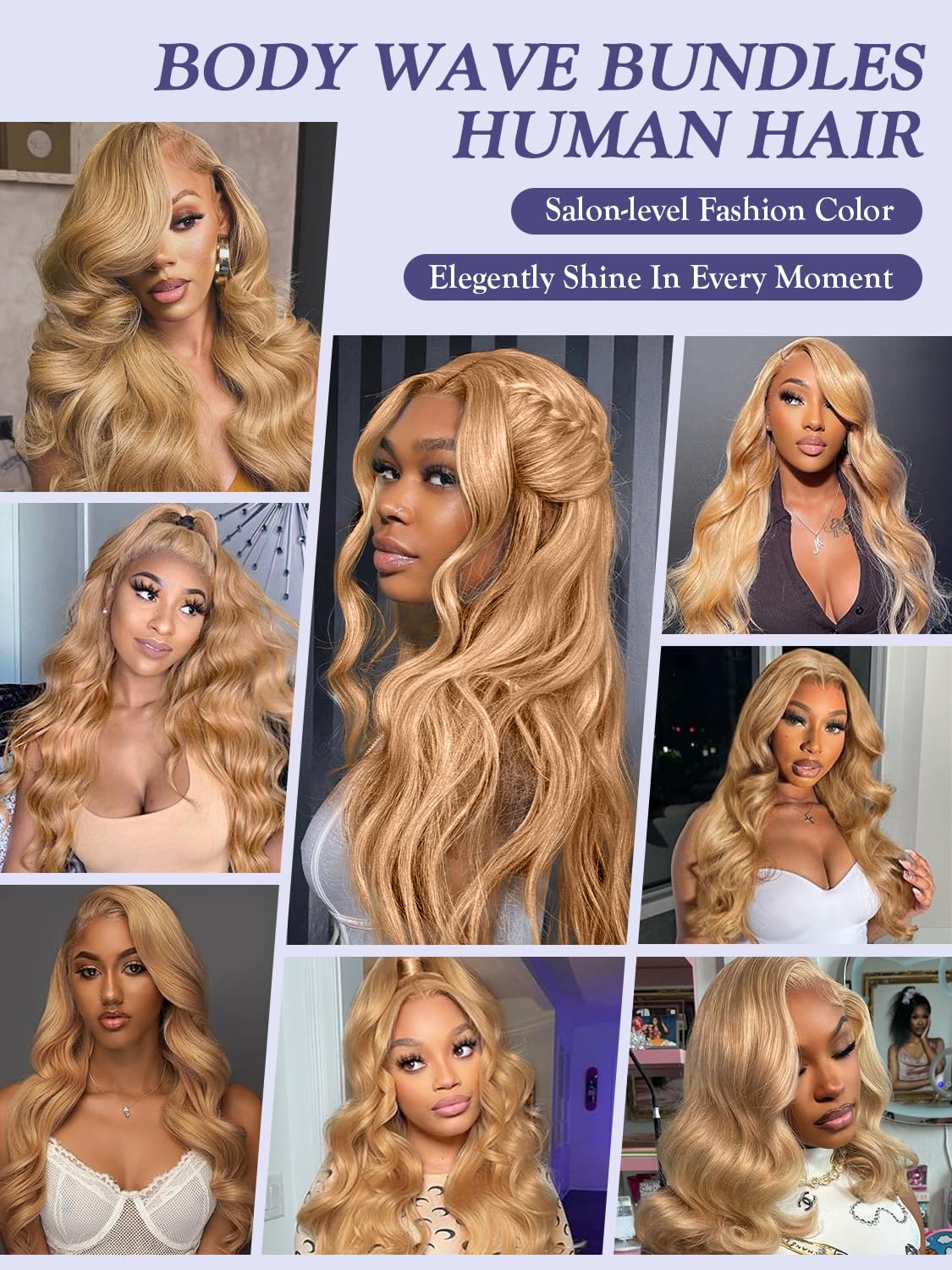 Honey Blonde Bundles Human Hair 10 12 14 Inch, Color 27 Golden Ash Blonde Body Wave Bundles Sew In Weave Tracks, Loose Wavy 100% Unprocessed Brazilian Raw Virgin Hair, Double Weft 3 Bundles Color #27