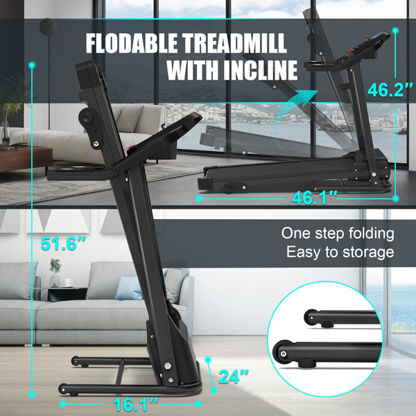 Compact Folding Treadmill for Home - 2.5HP Motor, 3-Level Incline