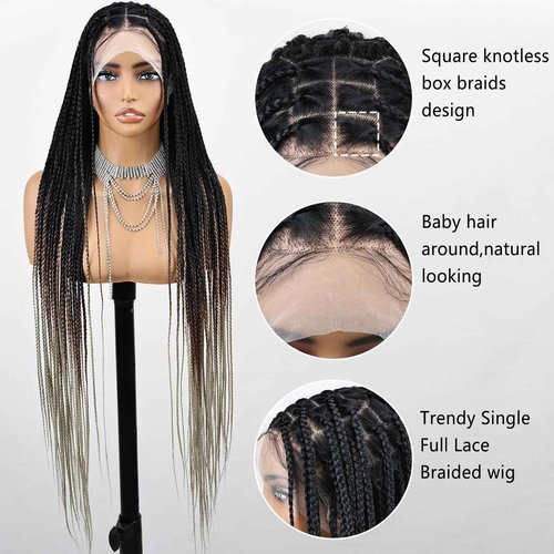 FABÉLLE 32 Inch Long Synthetic Braided Wig Knotless Box Braid Wigs with Baby Hair Single Full Lace Braided Wigs for Black Women - T1B/30/613 Ombre Brown Blonde Hair