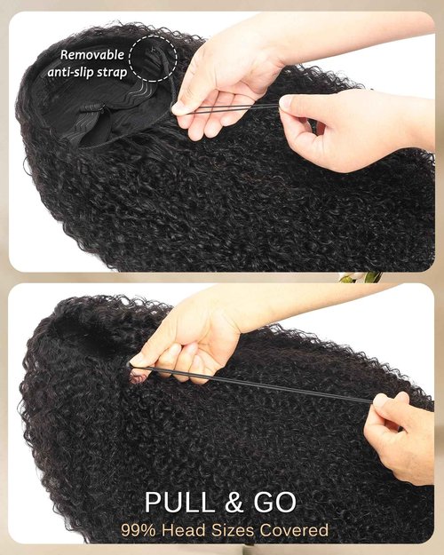 Kinky Curly Half Wig Human Hair - 200% Density, 18 Inch, Glueless Wear & Go, 3 in 1, Flip Over, Headband, Drawstring Wig, Natural Look, Beginner Friendly (Natural Black, 18 Inch, Kinky Curly)