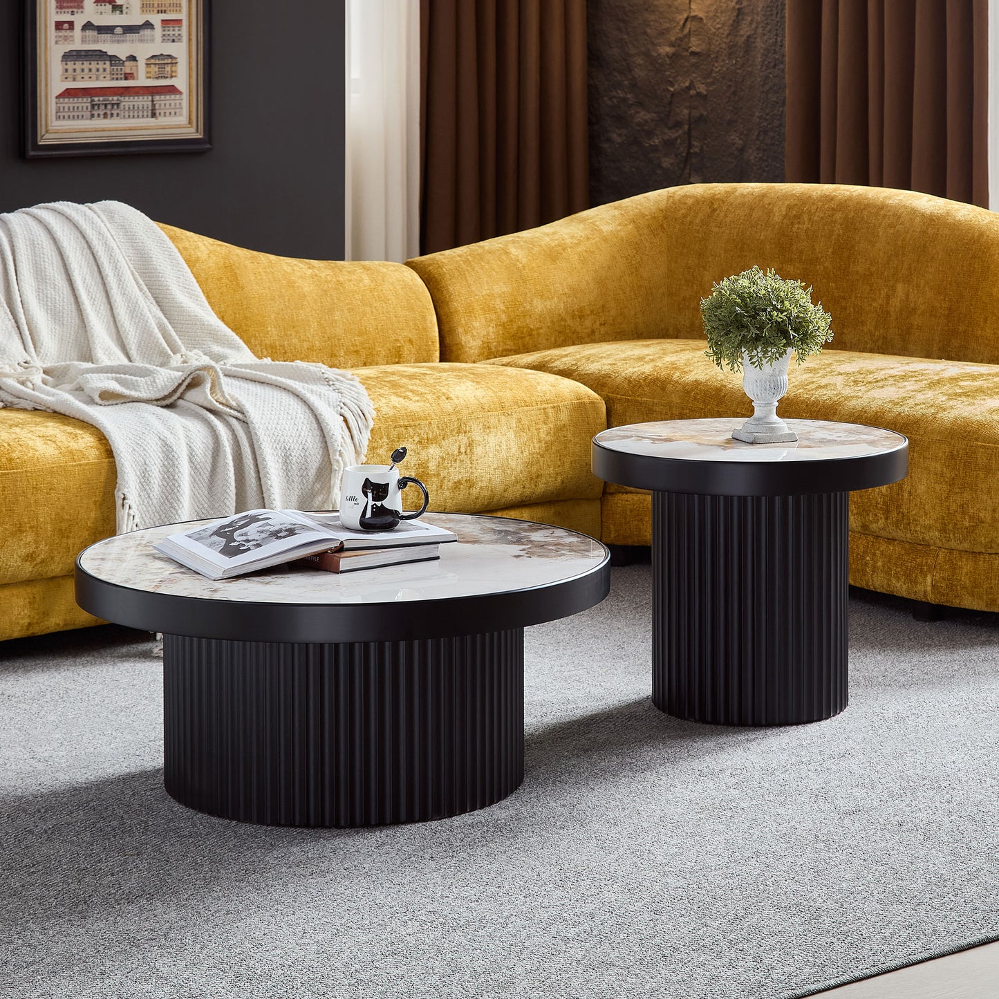 Set of 2 Round Coffee Tables with Sintered Stone Top - Black