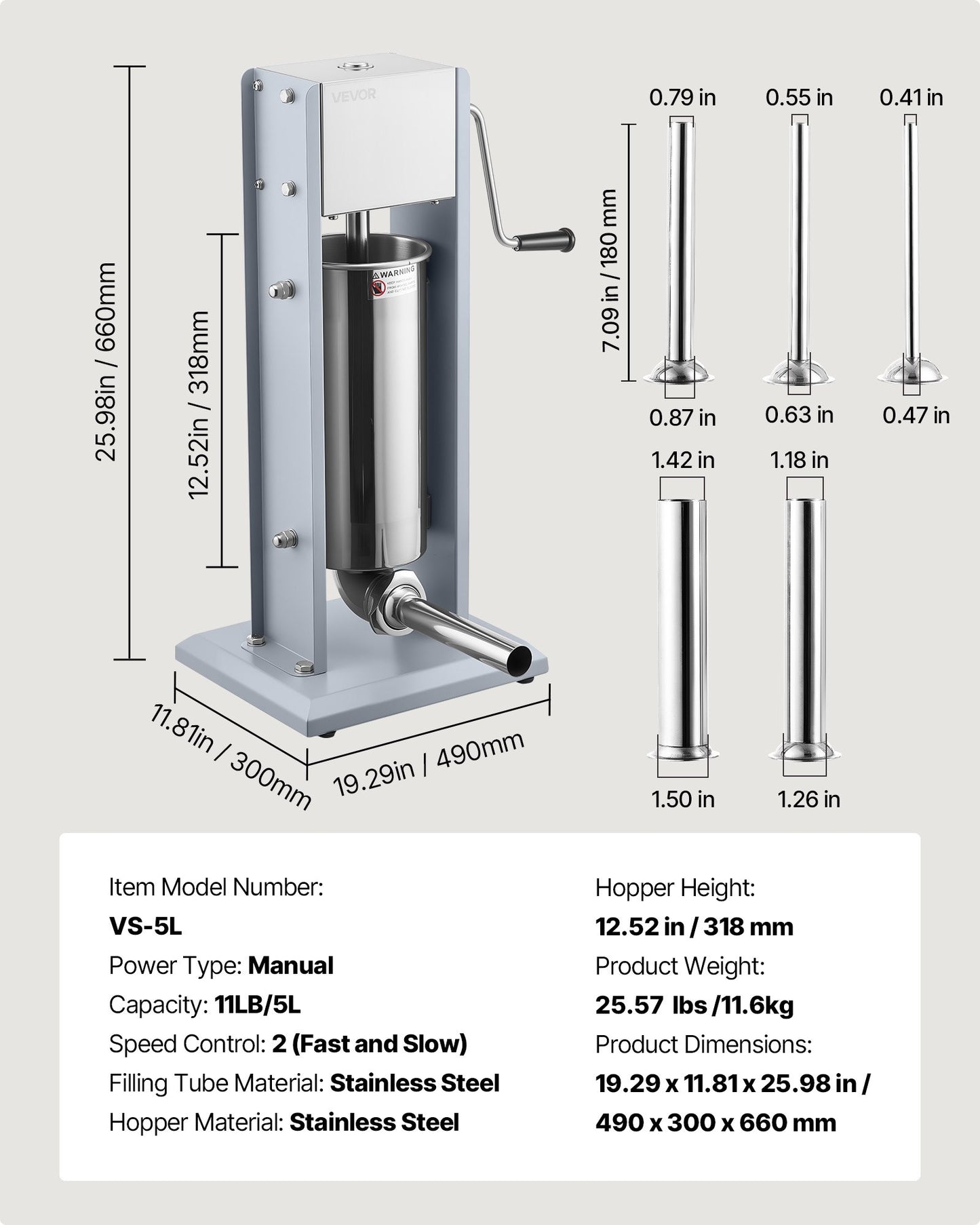 Manual Sausage Stuffer 11 Lb Vertical Meat Filler with 5 Tubes Stainless Steel
