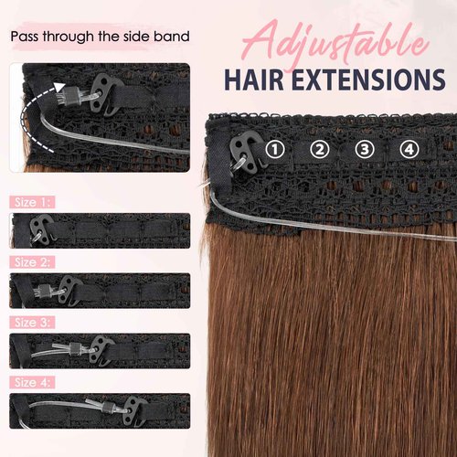 TESS Human Hair Extensions Halo Remy Hair 14 Inch Straight Adjustable Invisible Wire Easy to Use Clip in, Chocolate Brown