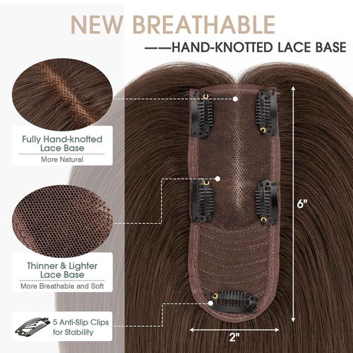 S-noilite Hair Toppers for Women Real Human Hair, Human Hair Toppers for Women with Thin Hair,2.25"*6" Lace Silk Base 10 inch Dark Brown
