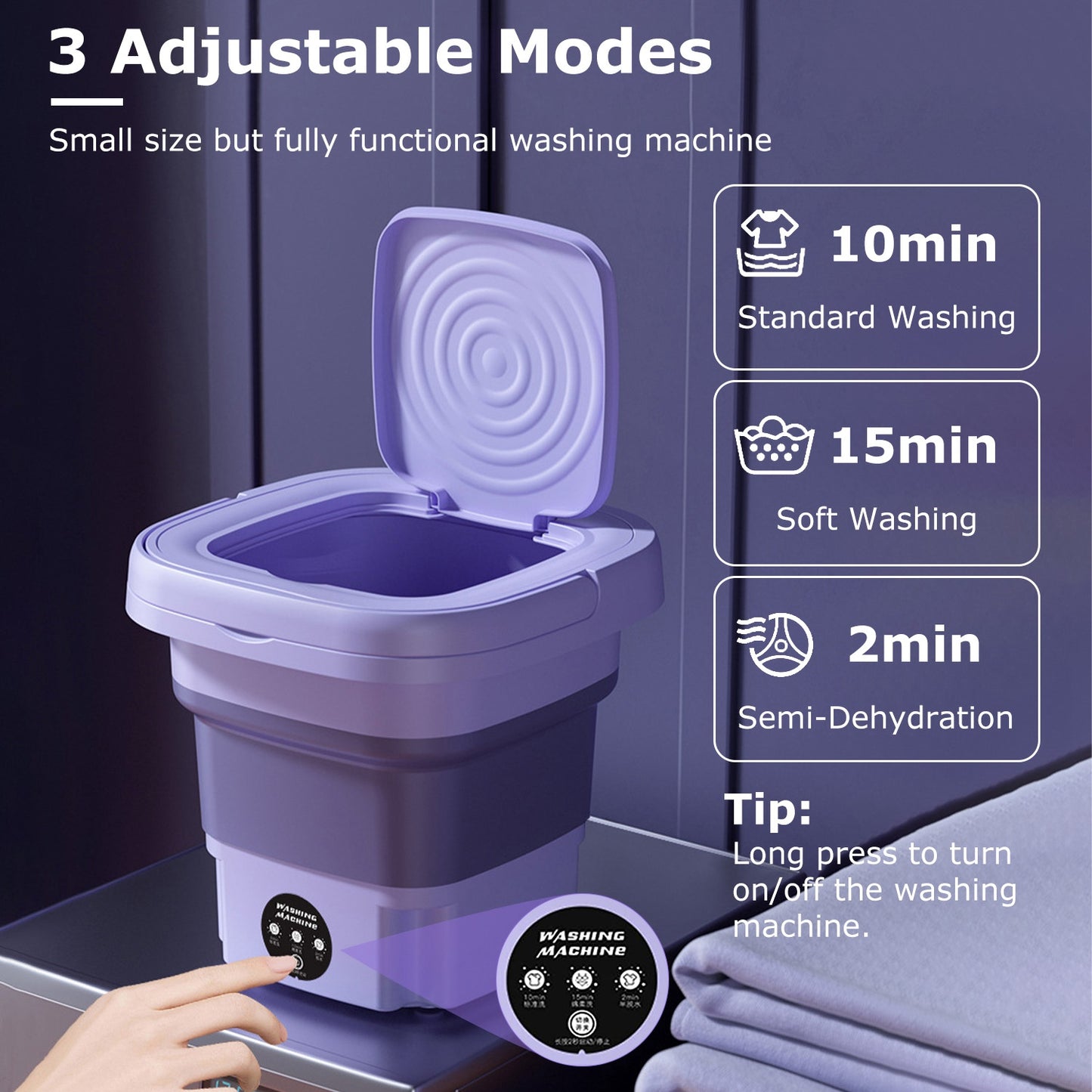 Portable Foldable Washing Machine with 3 Modes and Large 8L Capacity for Travel and Small Spaces
