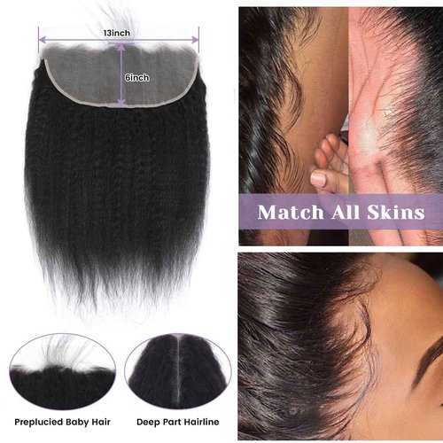 DSEKCAIN Kinky Straight Transparent HD Frontal 13x6 Human Hair Yaki Straight Lace Frontal 13x6 Big Space Size Long Deep Part100% Human Hair Ear to Ear Natural Black Color 22 Inch 150% Density