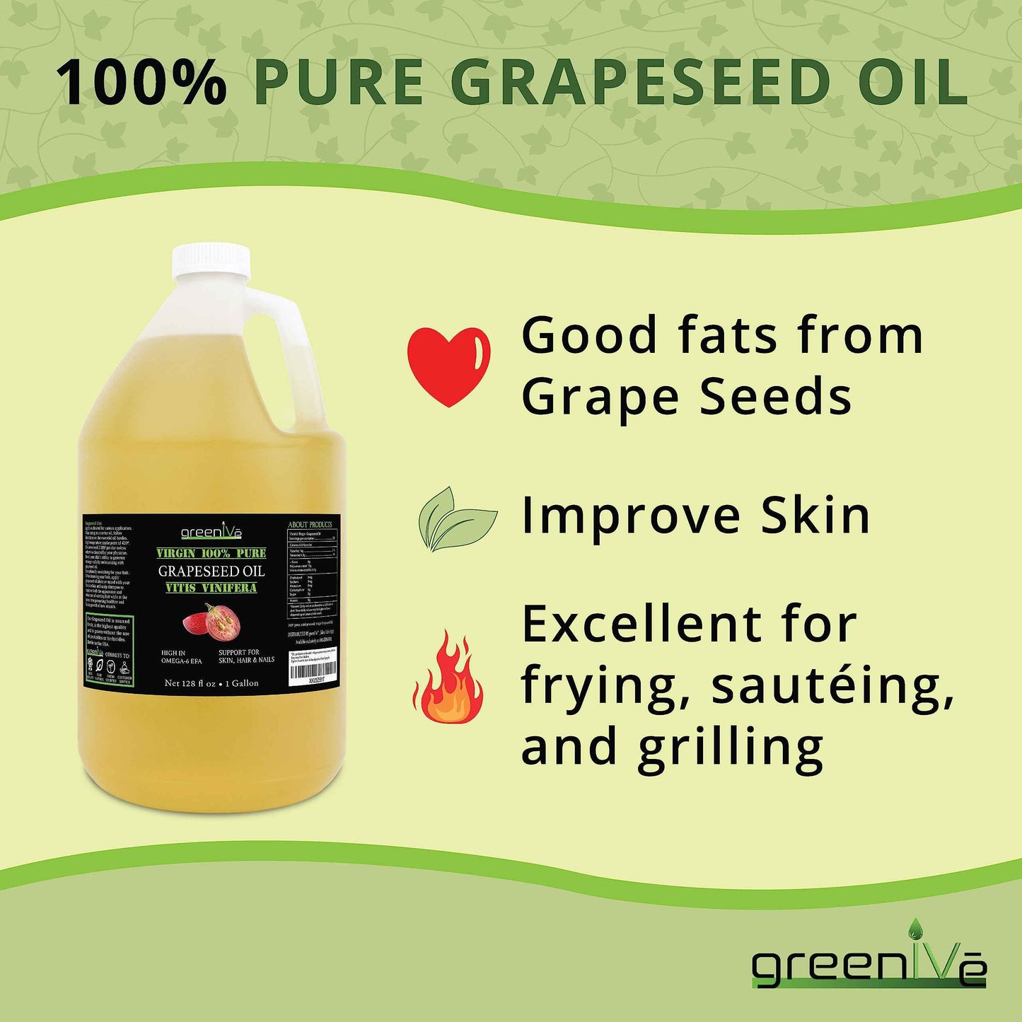 GreenIVe Grapeseed Oil Organically Grown 100% Pure Cold Pressed Light Flavor High Tempurature Cooking (128 Fl Oz (Gallon))
