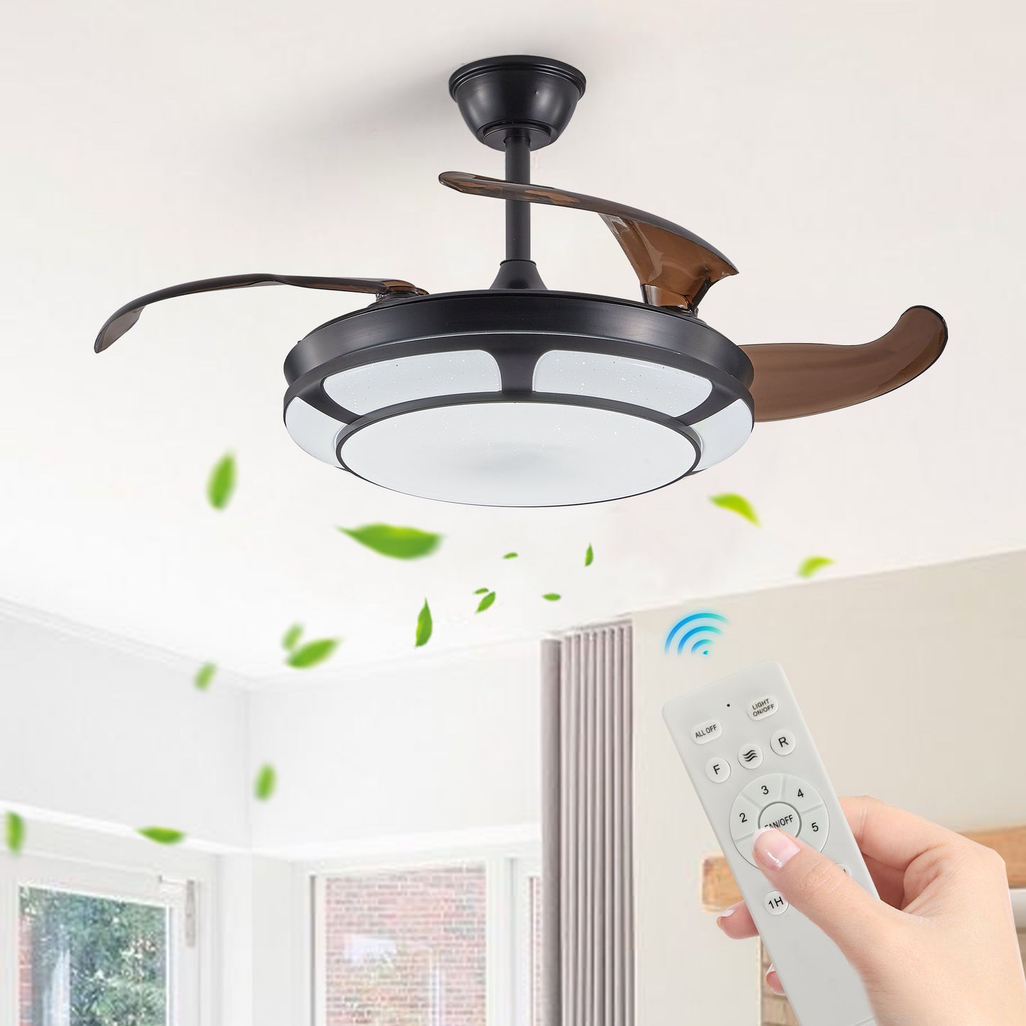 Retractable Ceiling Fan with Light - Modern LED Chandelier Fan