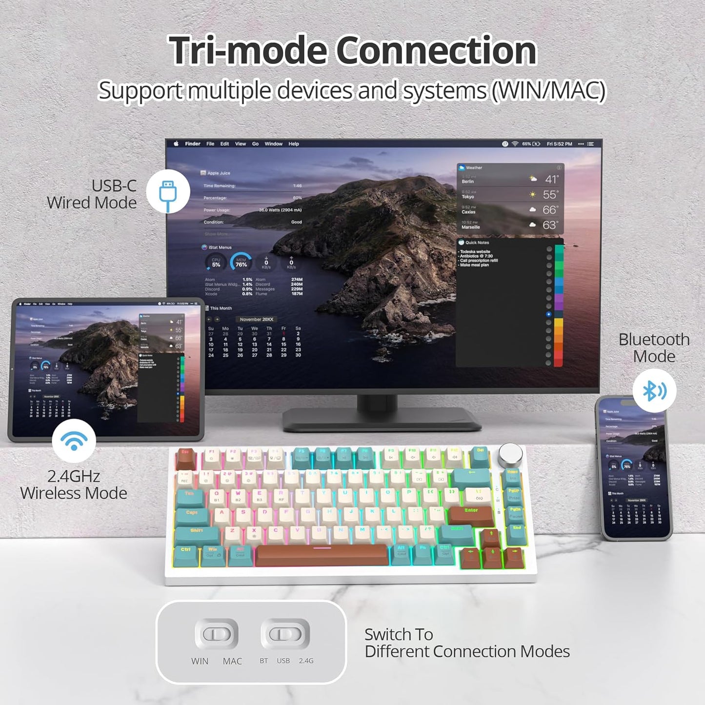 400PRO 75% Wireless Creamy Mechanical Keyboard Black, Gasket Hot Swappable RGB Gaming Keyboard, Bluetooth/2.4GHz/USB-C Thocky Keyboard with Pre-lubed Cream Grey Switches (82 Black)