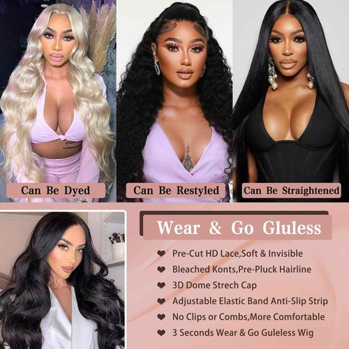 DSMOW 24 Inch 5x5 HD Lace Closure Wigs Human Hair Wear and Go Glueless Wigs Human Hair Pre Plucked Pre Cut for Beginners Body Wave Lace Front Wigs for Women 180% Density Natural Black
