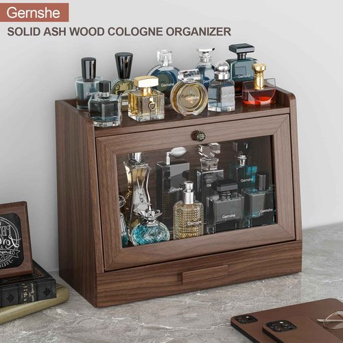 Cologne Organizer for Men,Cologne Stand with Acrylic Door,Large Capacity Ash Wood Cologne Holder Perfume Shelf with Desk & Nightstand Organizer,Mens Husband Birthday Gifts Ideas,Gifts for Men(Walnut)