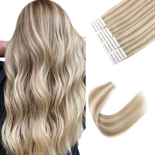 Sixstarhair Remy Tape In Hair Extensions Ash Blonde and Ash Brown Piano Color Remy Human Hair Lowlight Hair Extensions 20 Pieces Pack For White Women [P8-60 18inch]